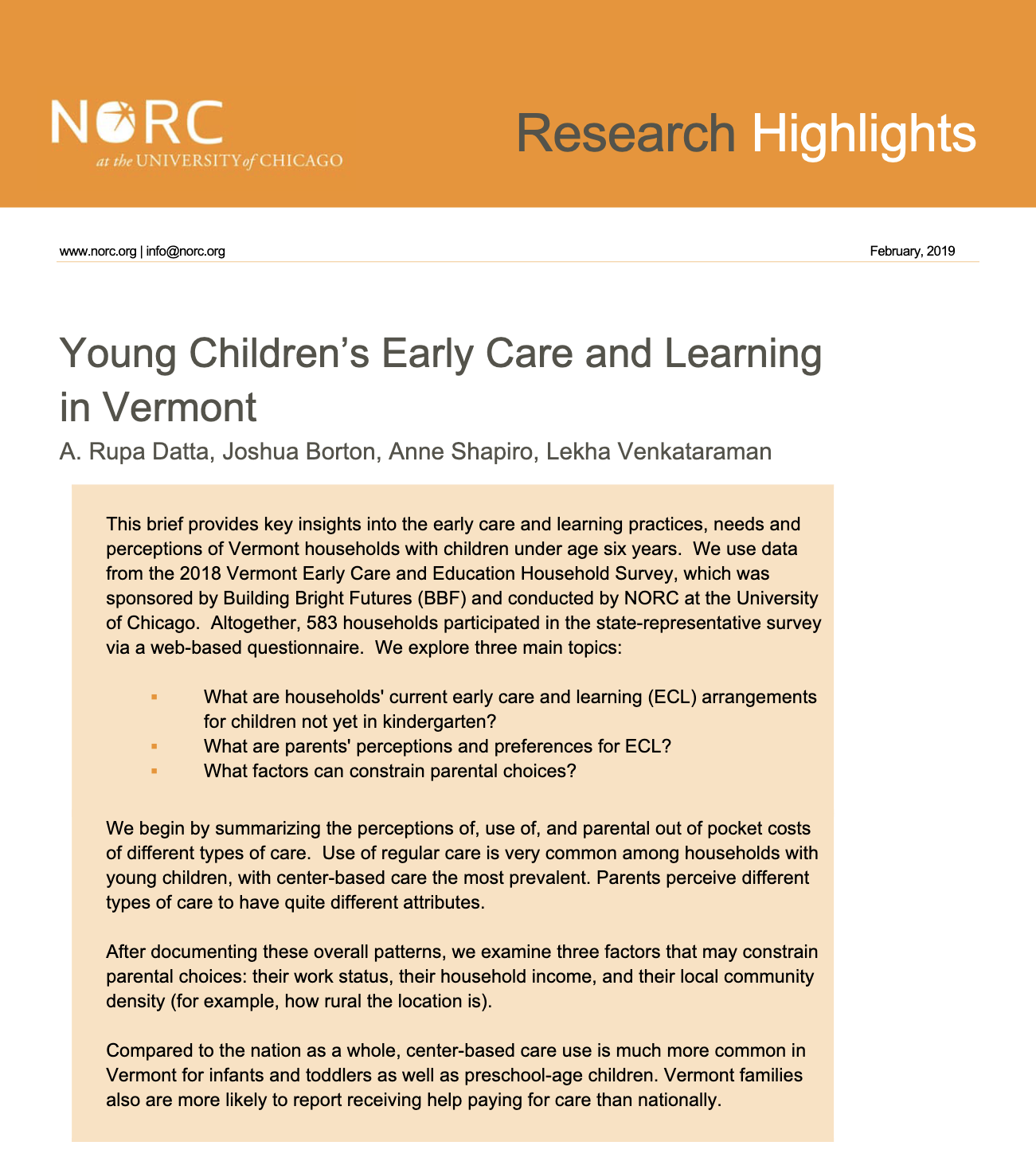 Cover of Early Care and Learning Household Study