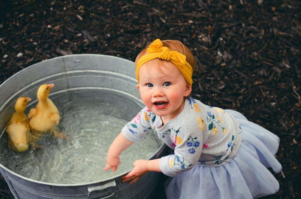 Toddler wearing a dress & yellow headband splashes water in a tub where two ducklings swim