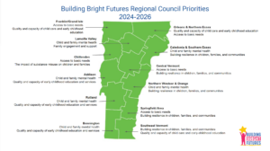 A green map showing 2 regions of Vermont with Building Bright Futures' Regional Council priorities for 2024-2026