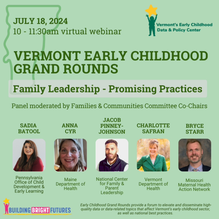 Flyer for Vermont Early Childhood Grand Rounds on July 18, 2024. Topic: Family Leadership - Promising Practices