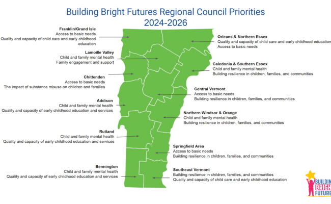 A green map showing 2 regions of Vermont with Building Bright Futures' Regional Council priorities for 2024-2026