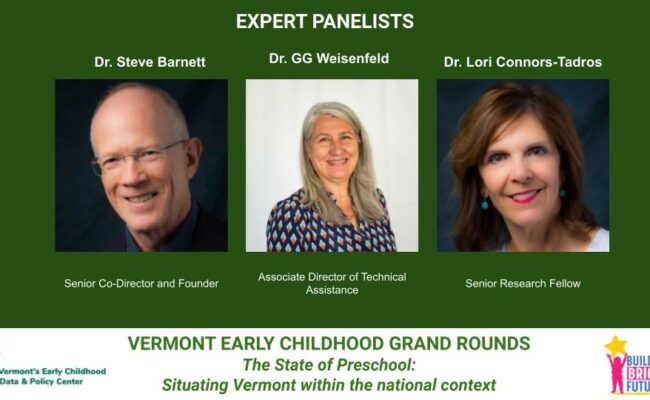 Headshots of expert panelists Dr. Steve Barnett, Dr. GG Weisenfeld, Dr. Lori Connors-Tadros,