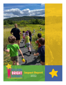 Cover of Impact Report 2022, showing students and teacher on a path toward a meadow and a hillside