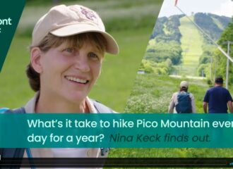 Screenshot of Vermont Public video showing reporter Nina Keck with text "What's it take to hike Pico Mountain every day for a year? Nina Keck finds out."