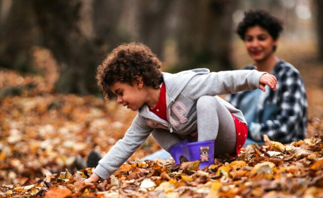 Young child smiling and reaching into dry autumn leaves as an adult looks on in the background